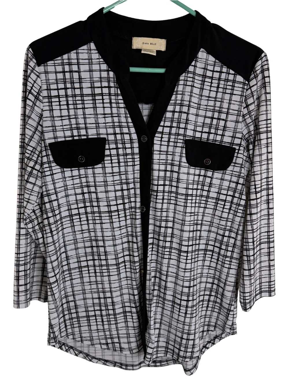 Diana Belle 3/4 Sleeve Plaid Faux Button Down Blouse Size Small